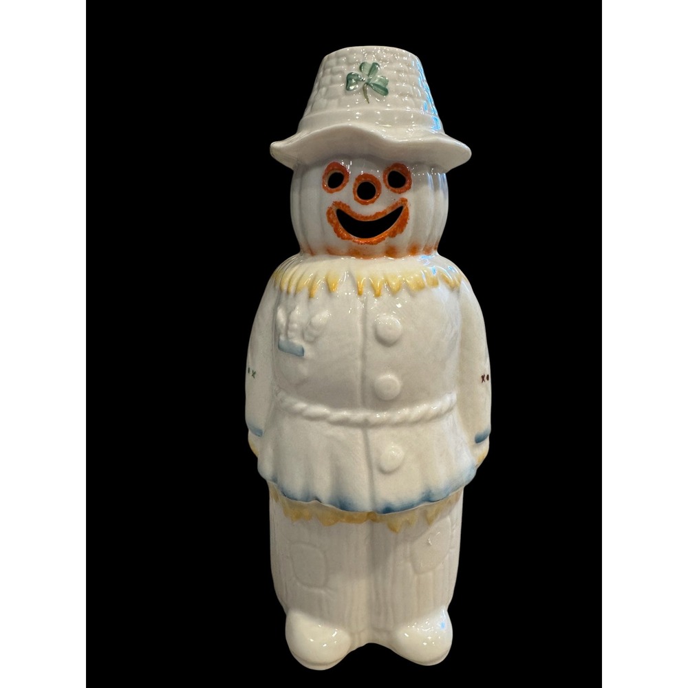 Belleek Pumpkin Head Scarecrow Votive Holder Ireland w Shamrocks Halloween